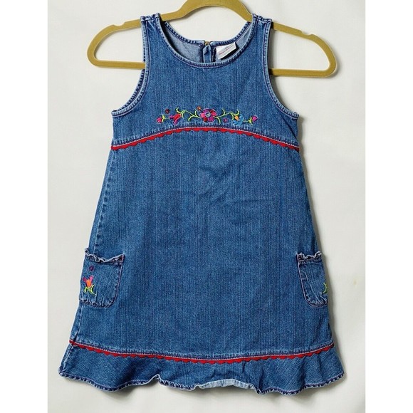 HANNA ANDERSON Girls Size 130 Blue Denim Jean Jumper Dress Embroidered - Picture 1 of 2